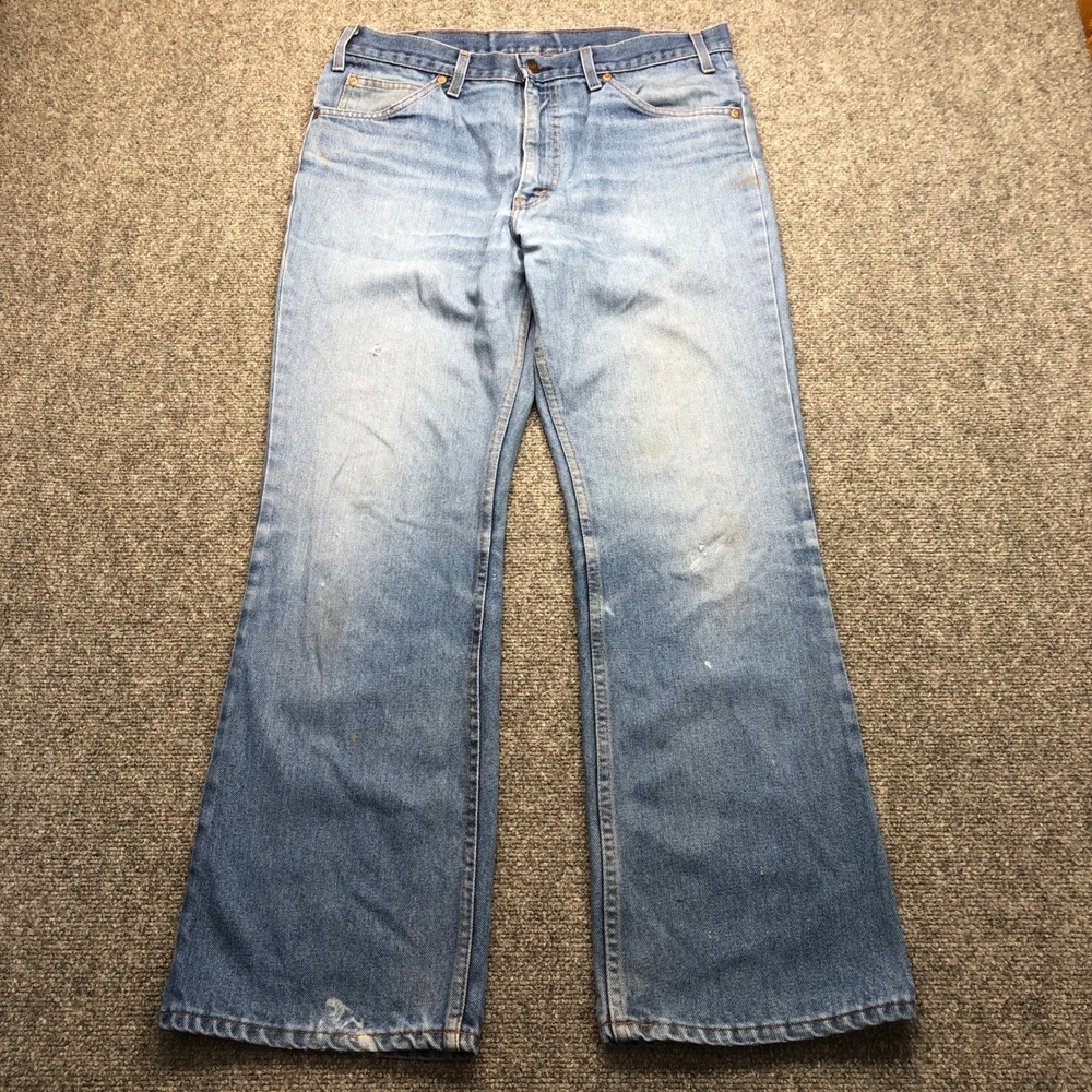 Vintage Plain Pockets Mens Light Wash Blue Denim  Wide Leg 33x27 Distressed